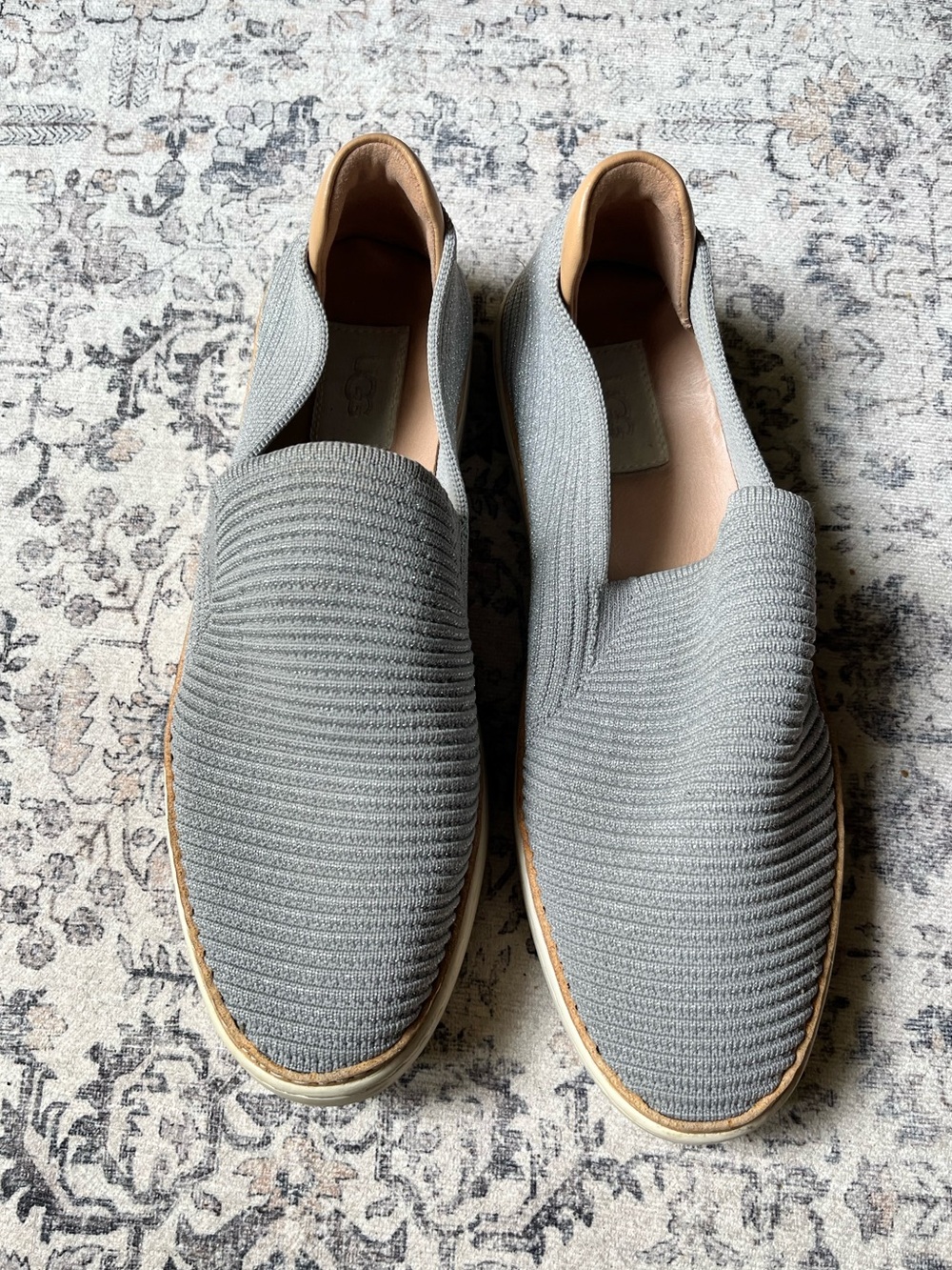 UGG's Silver Sparkle Slip on Shoe in Size 9.5 With Beige Trim